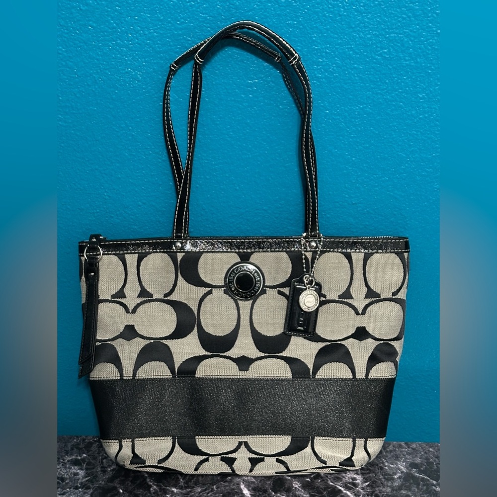 Coach Signature Stripe Zippered Tote Bag Purse Black Gray Shopper F19046